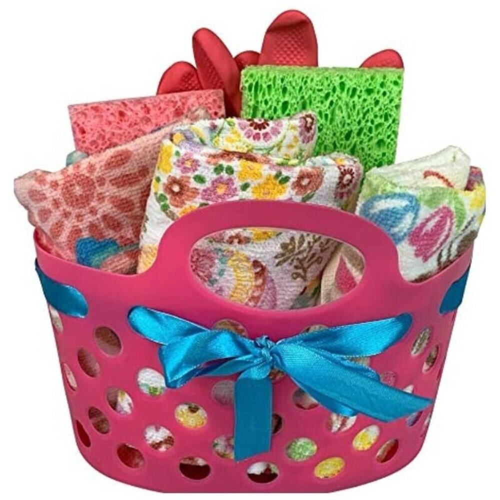 Easter Bunny Dish Towels Set with Pink Caddy Cleaning Gloves and Sponges